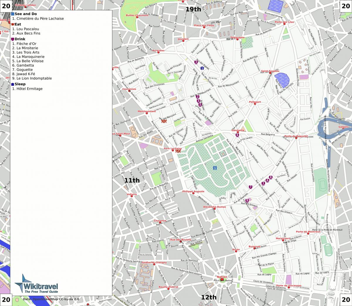 Kaart van de 20e arrondissement van Parijs