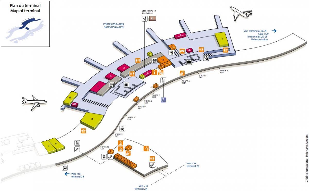 Kaart van CDG vliegveld terminal 2D