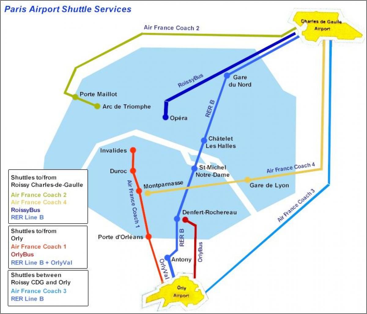 Kaart van Parijs luchthaven pendeldienst