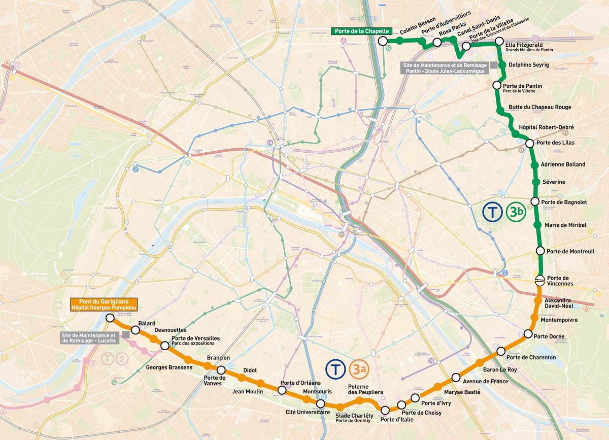 Kaart van Parijs Tramlijnen